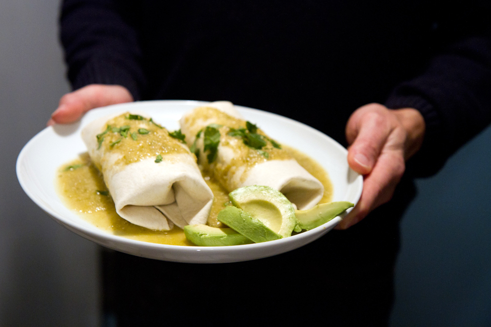 Tomatillo Smothered Spinach, Mushroom and Goat Cheese Burritos